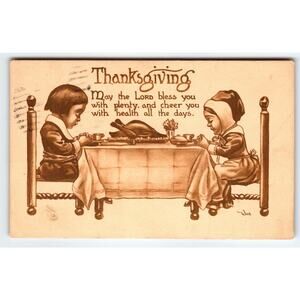Vintage 1916 Thanksgiving Lithograph Postcard Children Praying